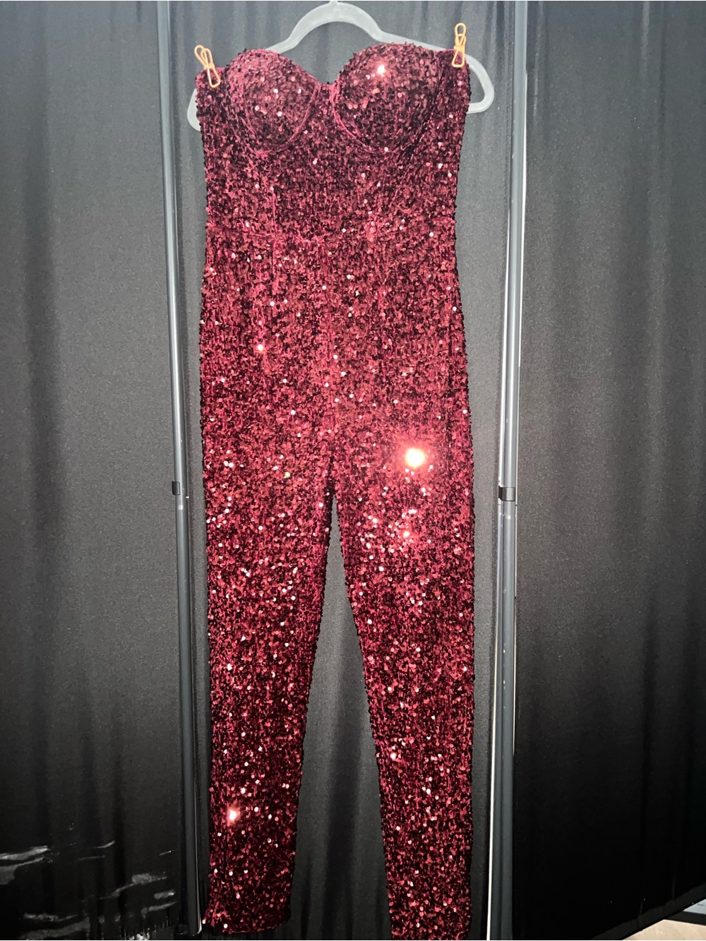 Fashion Nova Strapless Burgundy Sequin Romper Jumpsuit - Picture 3 of 10
